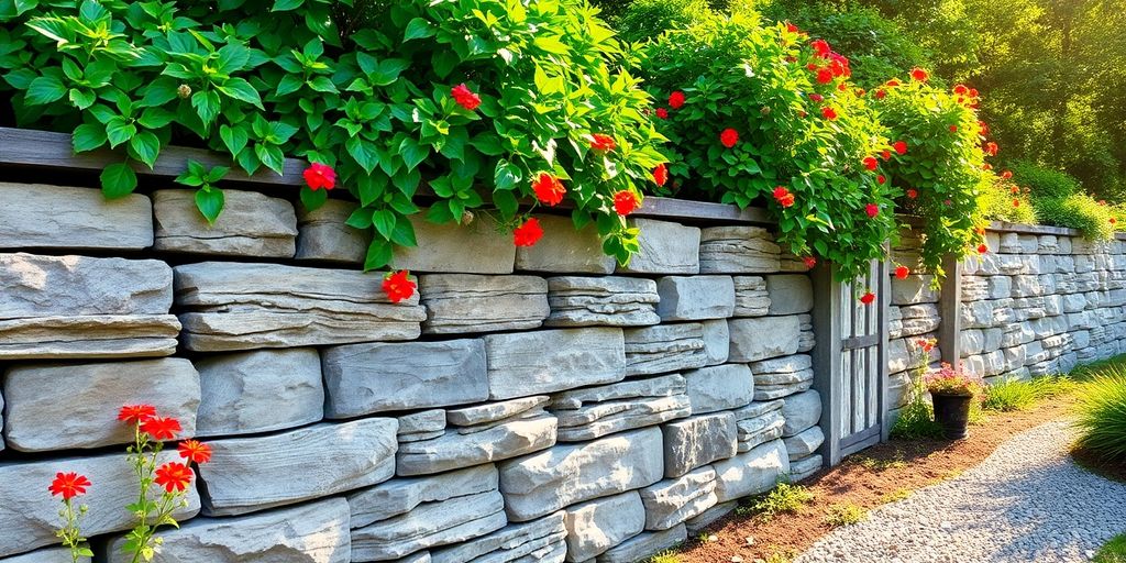 Retaining wall with colorful flowers.