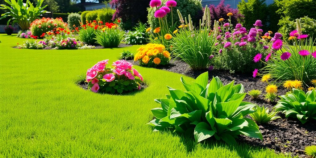 Lush green lawn and vibrant garden beds