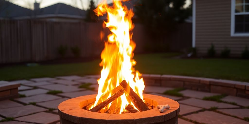 Glowing fire pit in a backyard Glowing fire pit in a backyard.