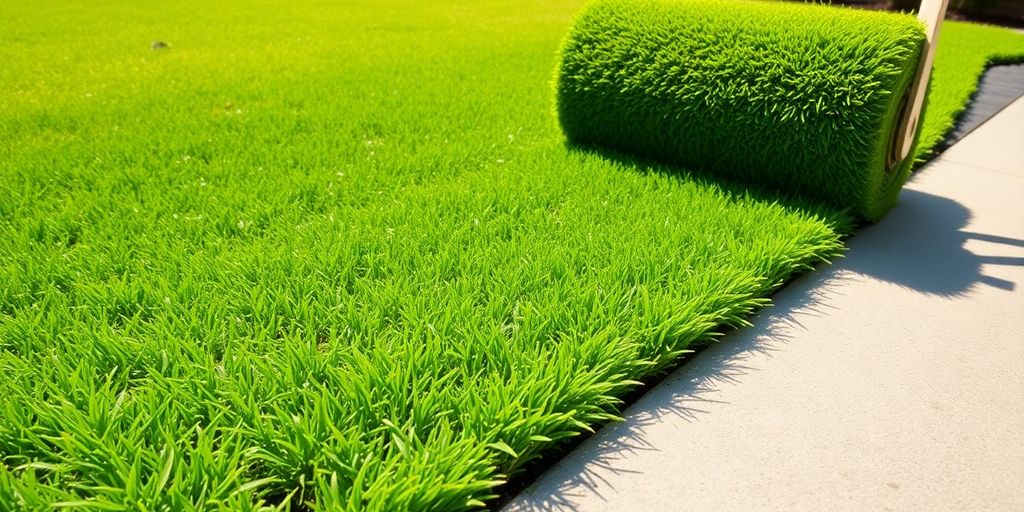 Fresh sod being laid on a sunny lawn.