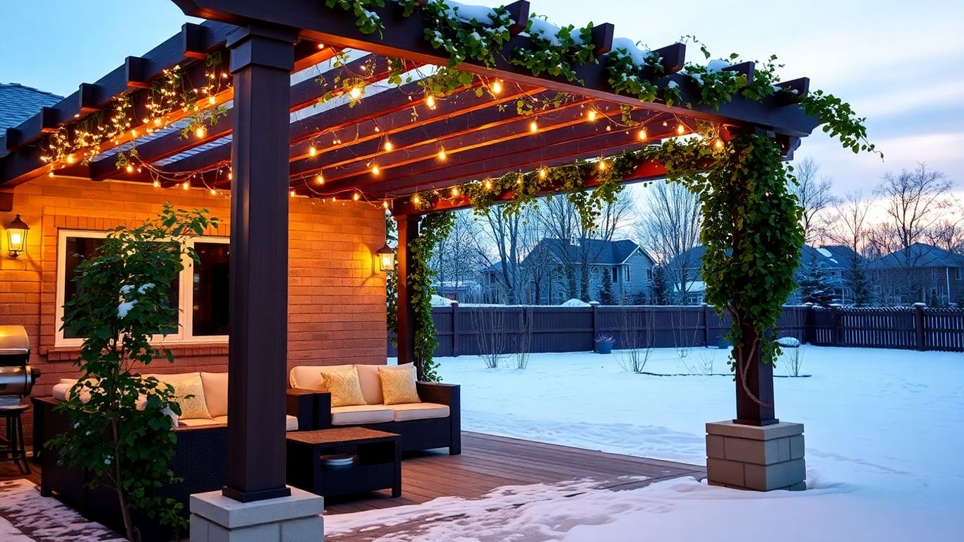 Custom pergola in Ottawa winter with lights and seating. Custom pergola in Ottawa winter with lights and seating.