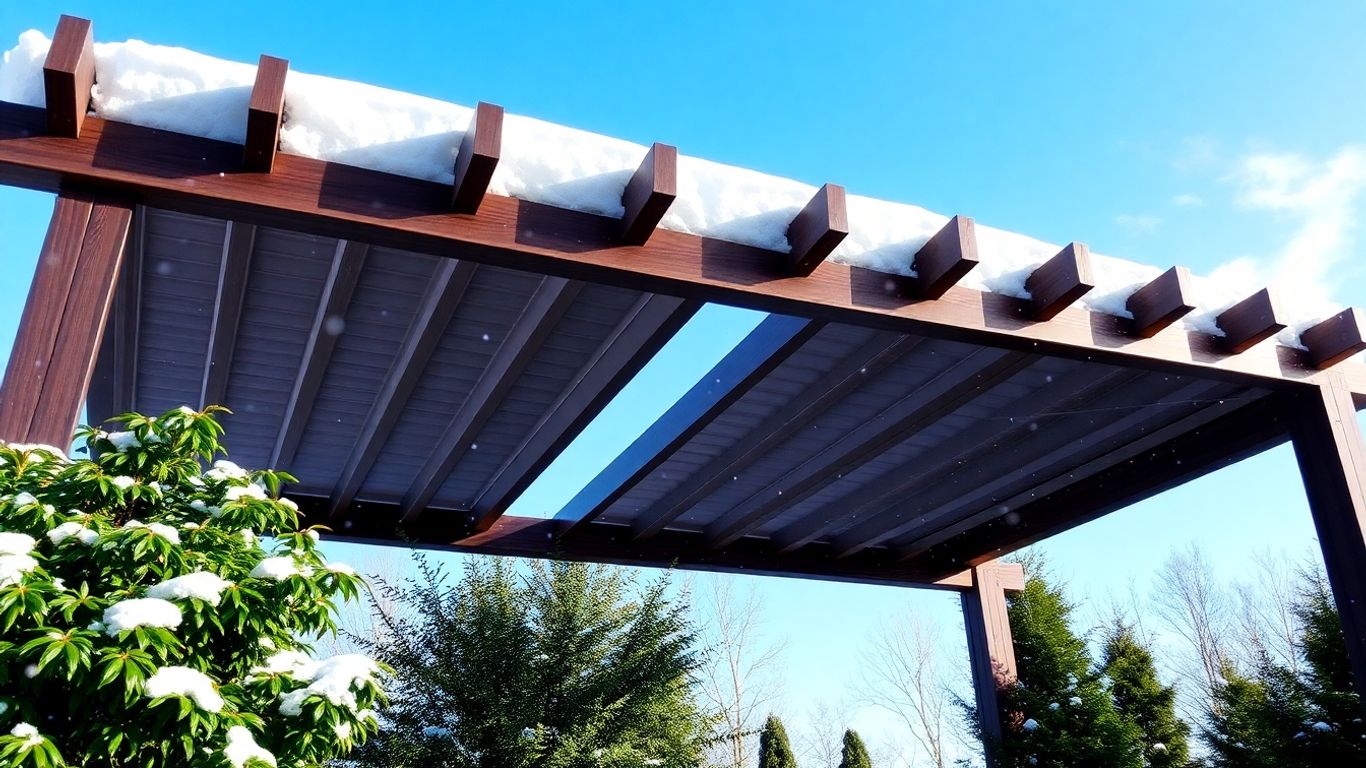 Louvered pergola in Ottawa snowy winter with open roof. Louvered pergola in Ottawa snowy winter with open roof.