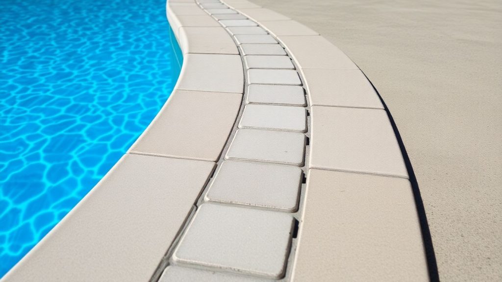 Modern interlocking pool coping pavers surrounding a pool.