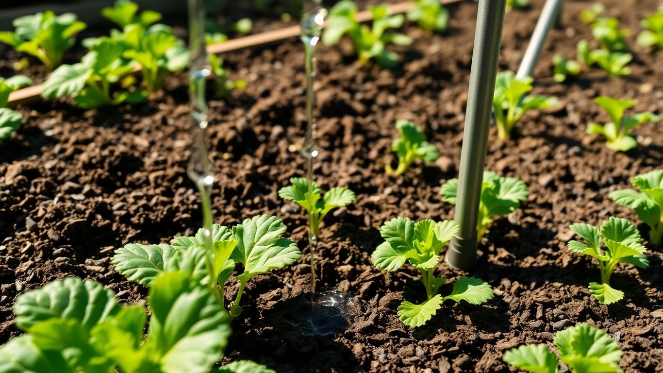 Raised garden bed with soaker hose watering system.