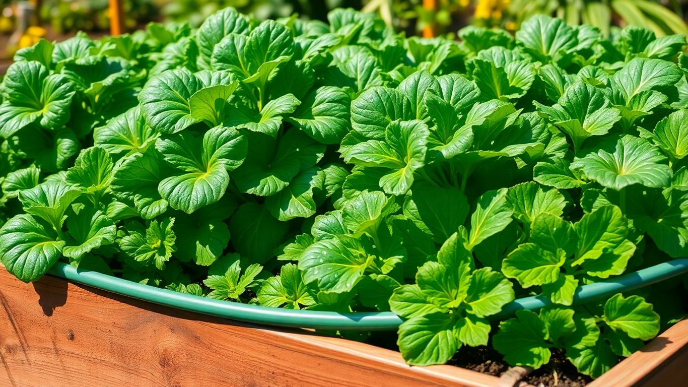 Watering a healthy raised garden bed with a soaker hose.