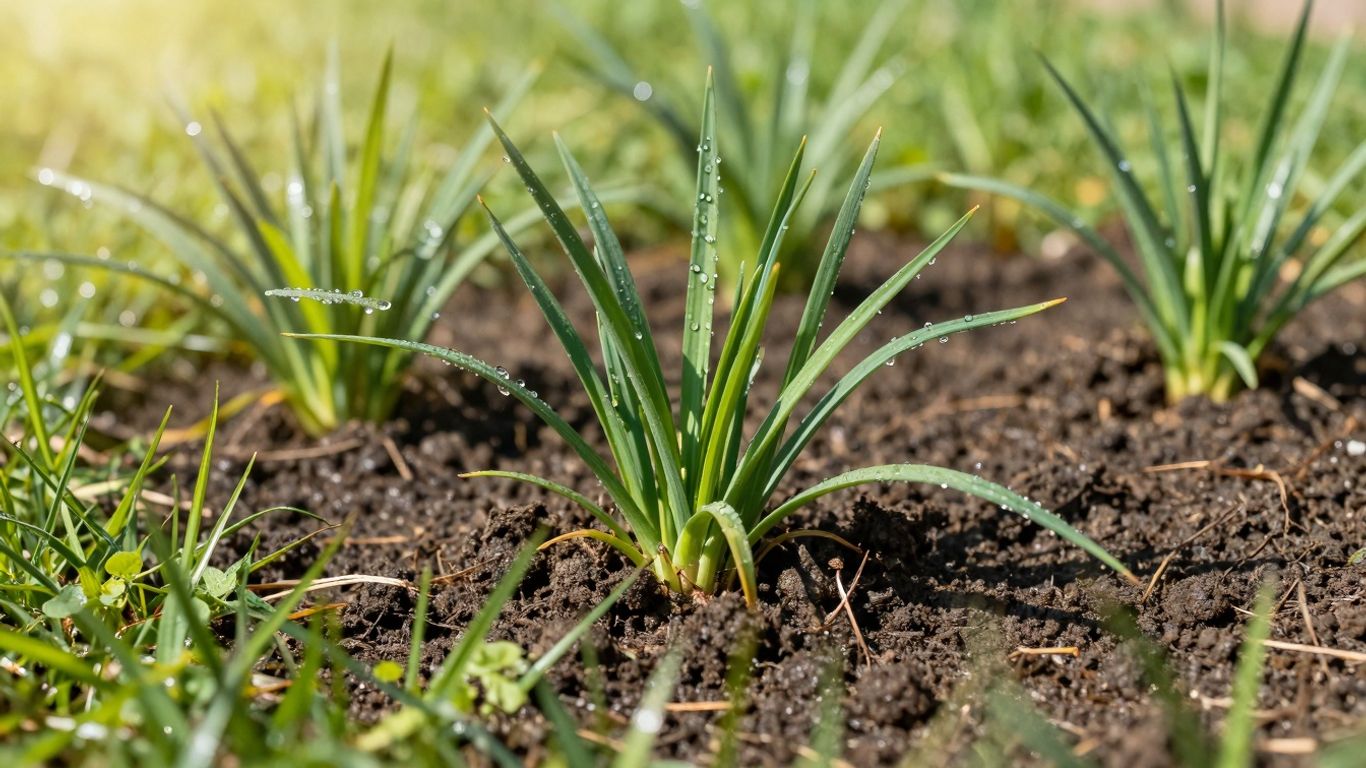 Freshly watered sod lawn with glistening water droplets.