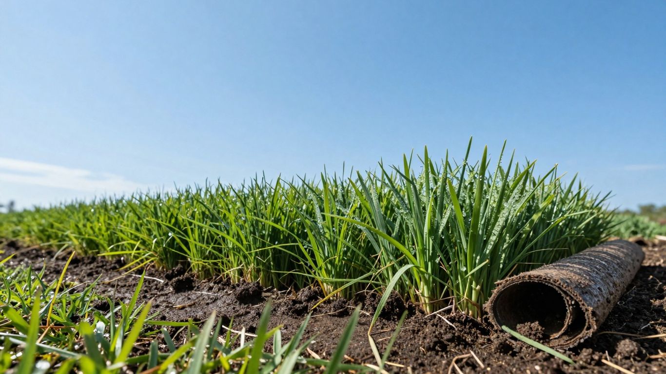 Newly installed sod with water droplets. 