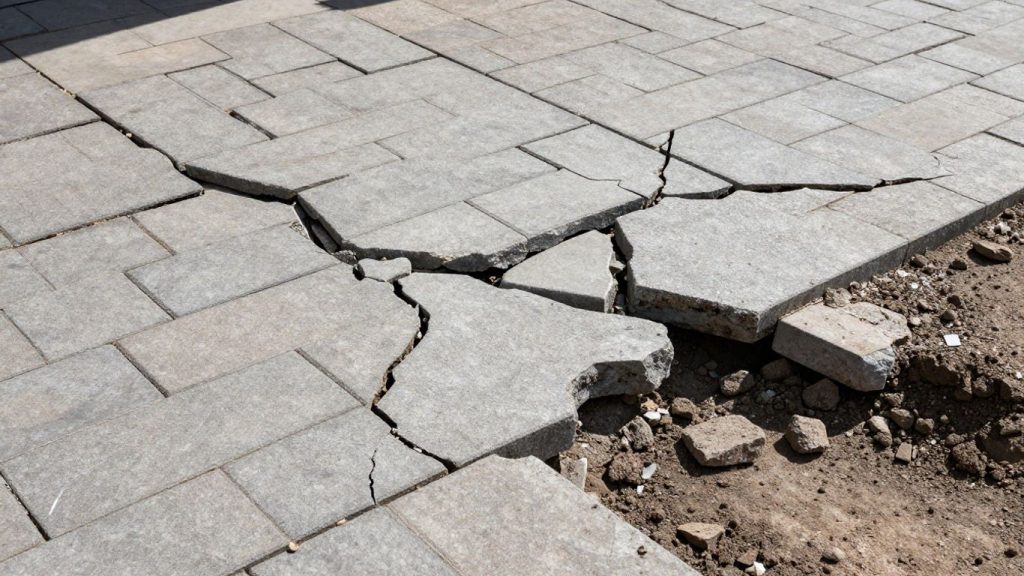 Cracked interlock patio and stonework damaged by frost heave.