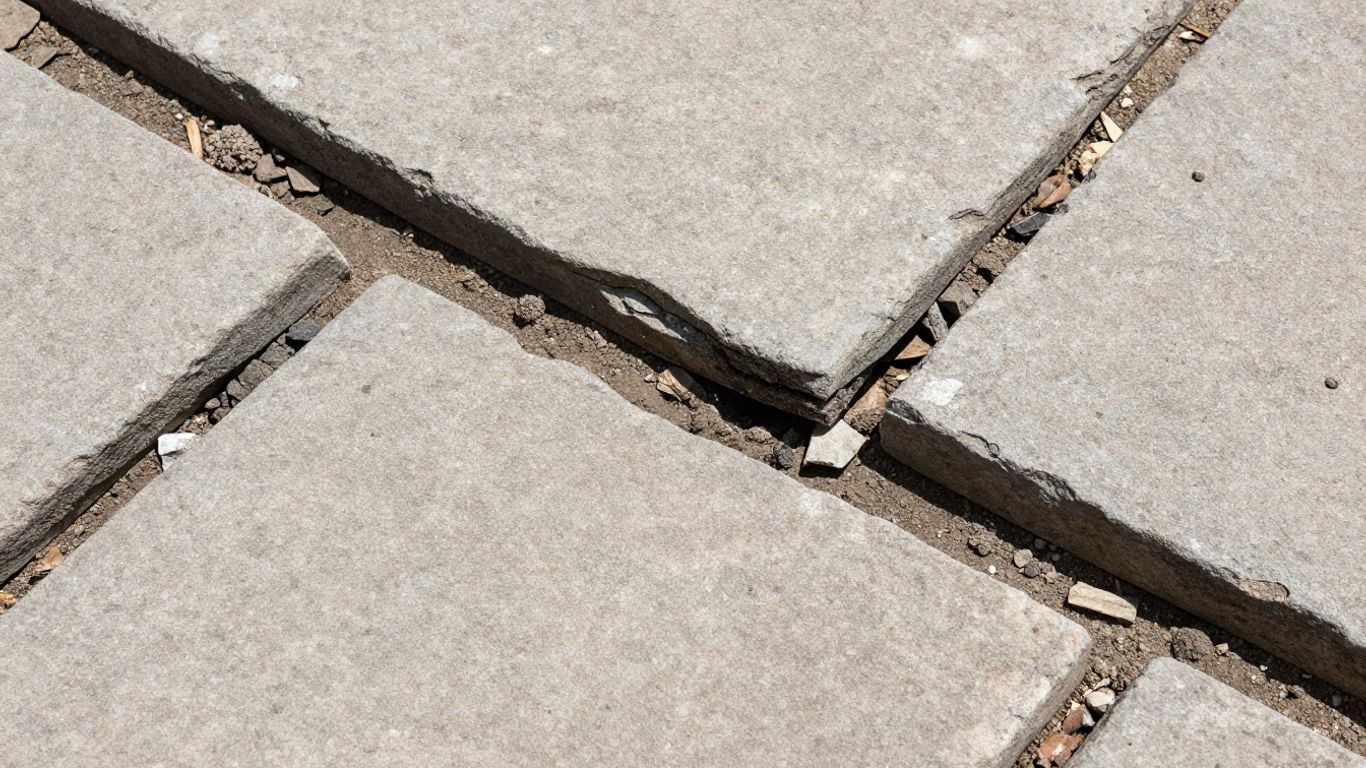 Cracked interlock pavers and stonework damaged by frost heave.