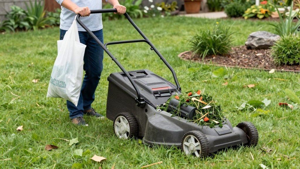 Landscaper mulching and bagging grass in sunny yard