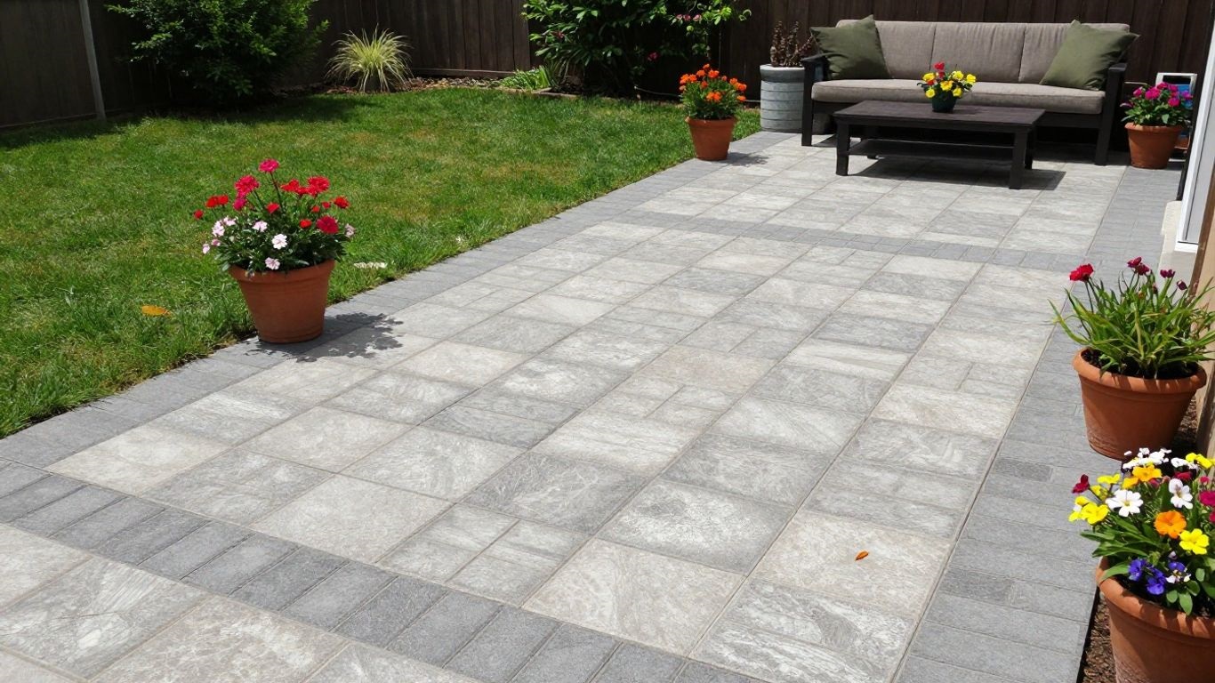 Backyard in Ottawa with a mix of lawn, paving stones, and planted areas for a cozy outdoor space
