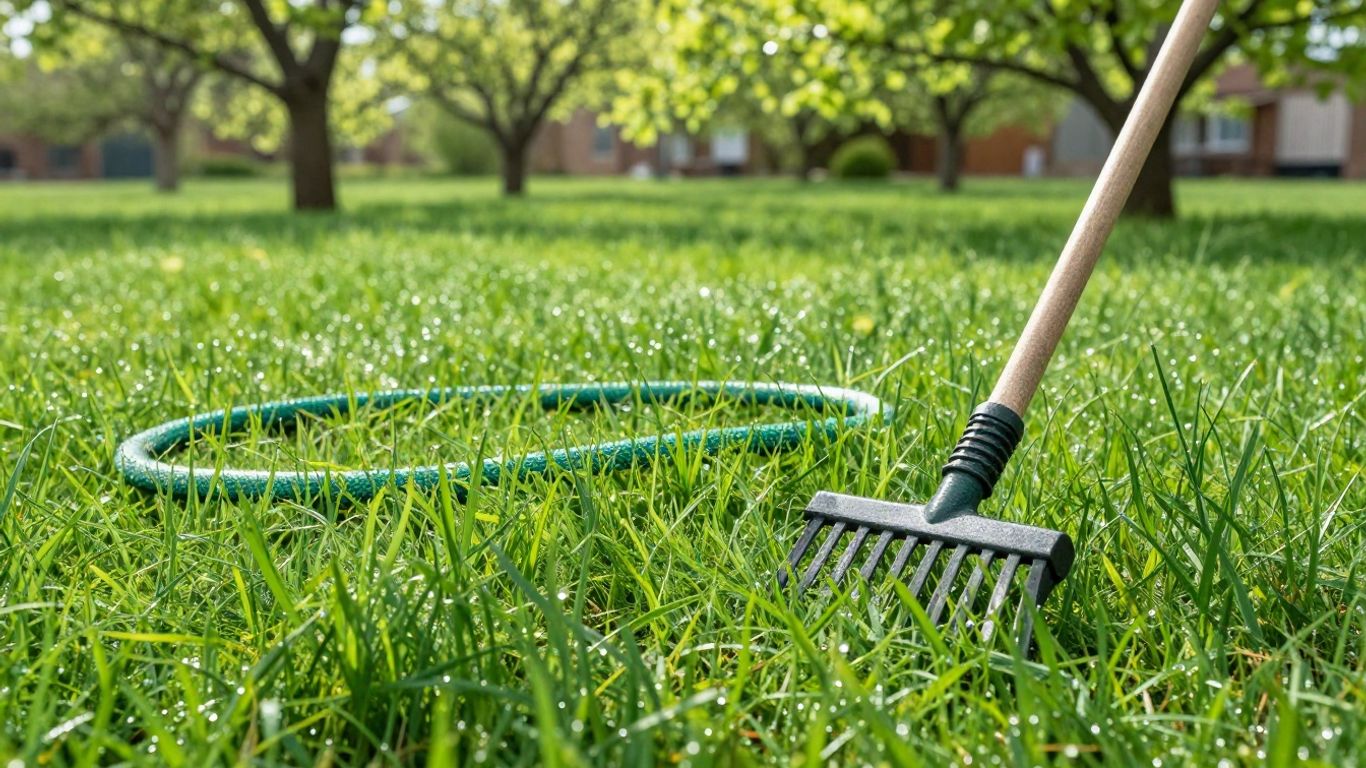 Regular lawn care maintenance including mowing and watering for a lush green residential yard