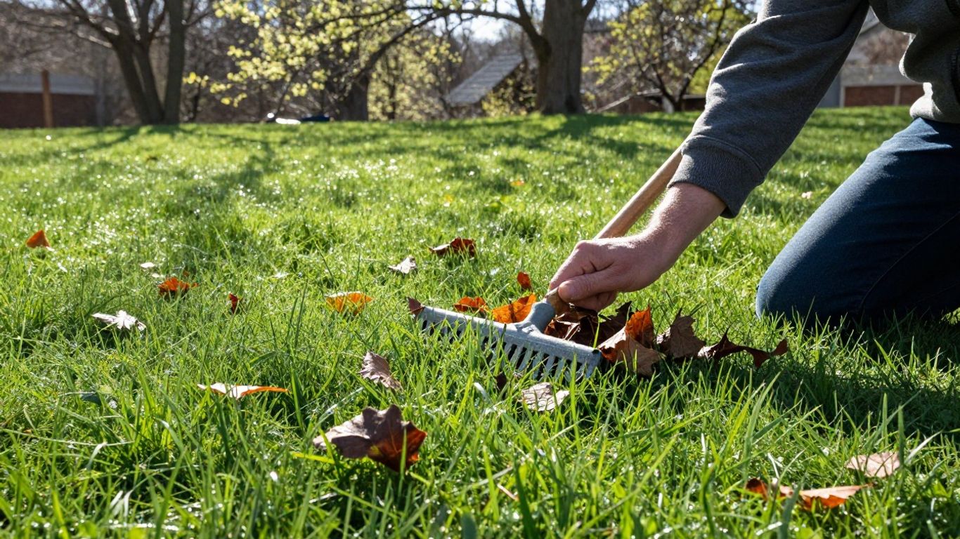 Homeowner performing lawn care tasks like fertilizing and edging to maintain healthy grass