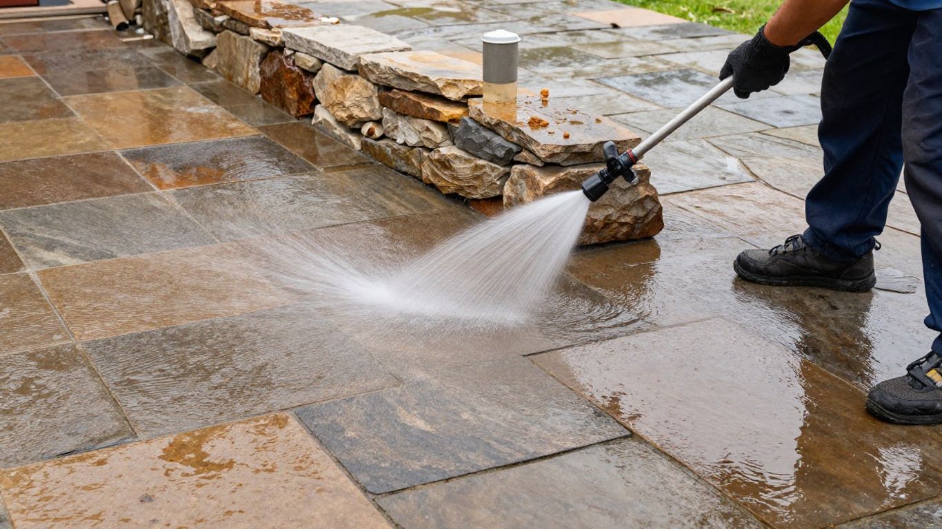Technician power washing a natural stone patio as part of routine maintenance in Ottawa
