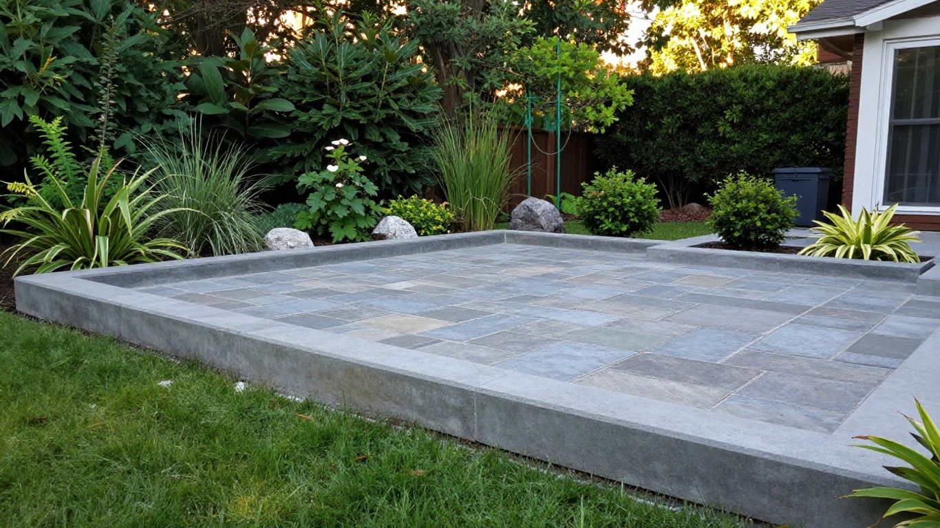 Large-format natural stone patio with a raised stone border in an Ottawa backyard