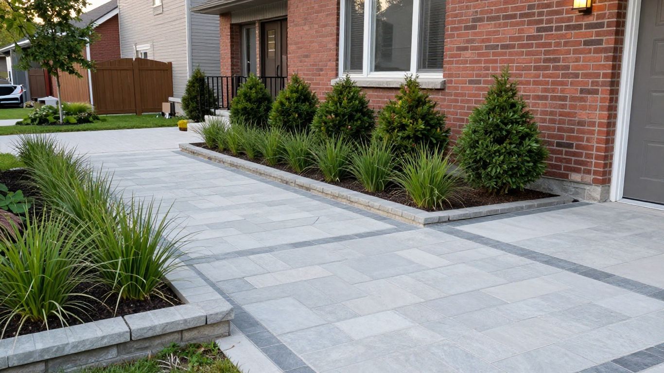 Large-format interlock driveway with contrast border and raised planting bed as hardscape in an Ottawa front yard