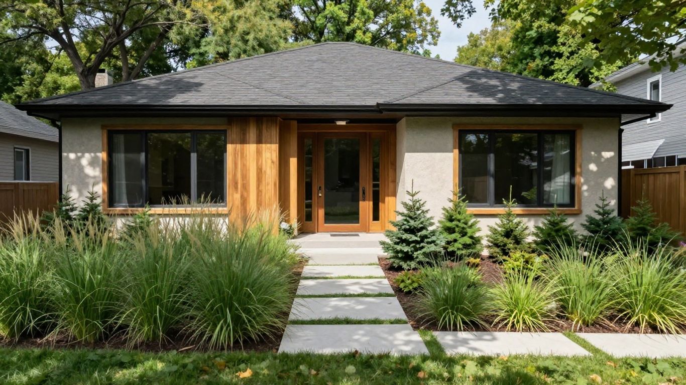 Low-profile bungalow with ornamental grasses and a paver walkway, an example of modern landscaping for ranch-style Ottawa homes