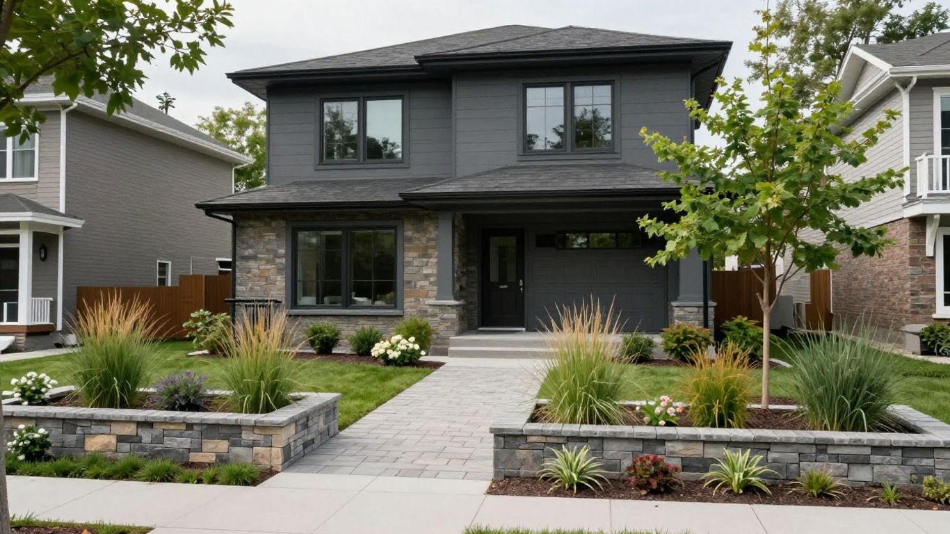 Modern front yard landscaping with ornamental grasses and a paver pathway on an Ottawa bungalow