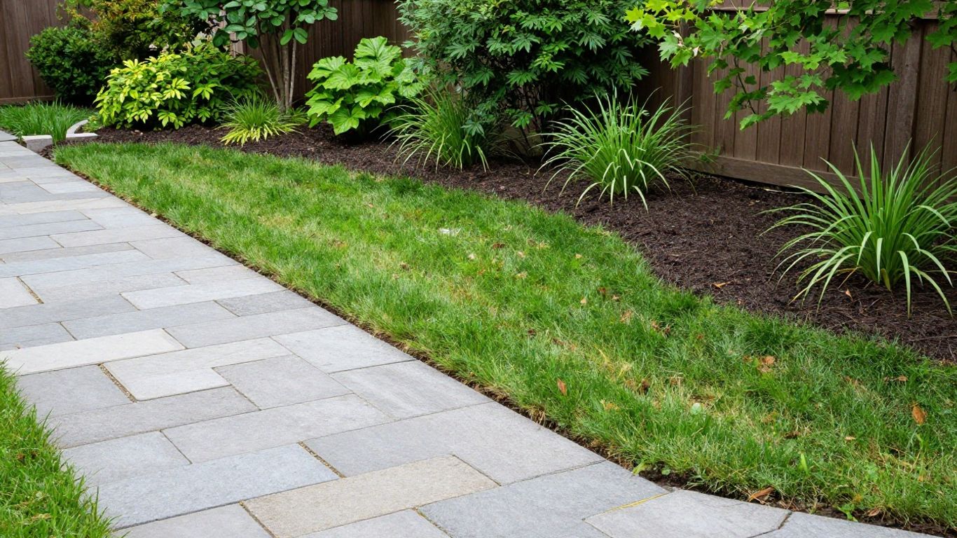 Permeable interlock pathway beside a grass swale used to manage yard drainage in Ottawa